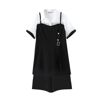 (Shangxiu plus size womens clothing) 2022 summer fat mm fashion cover belly foreign style contrast color square buckle casual suit tide