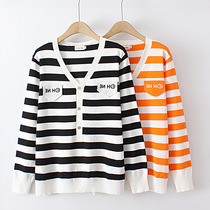 Fall new coloured stripes and lean V - collar knitting sweater tide in autumn