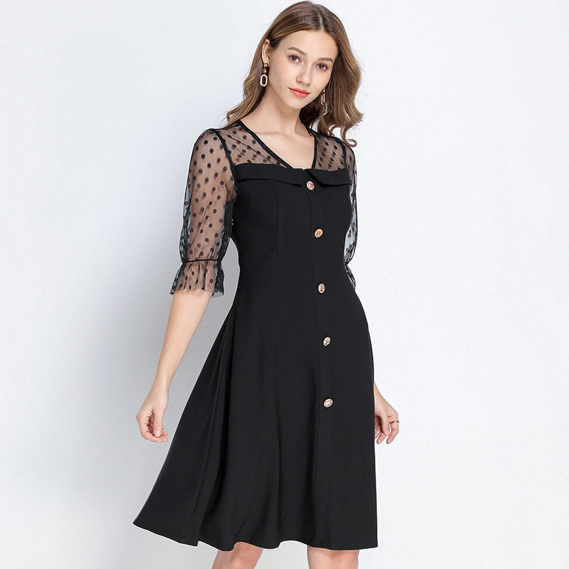 Shang Xiu large size women's fat mm large size women's 2022 summer new product polka dot mesh splicing flared sleeve temperament V