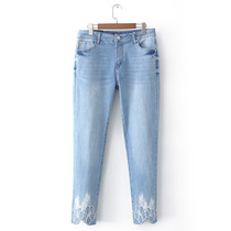 Shang Show Big Code Womens Dress Spring Dress New Display Slim Foot Mouth Embroidered Denim Trousers Fat Sister High Waist Pants 220 Catty