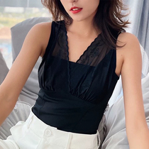 2022 autumn and winter large size womens high elastic warm and comfortable V-neck breathable thin lace stitching vest