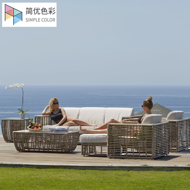 outdoor rattan sofa hotel leisure outdoor single triple coffee table combination beige waterproof thick rattan patio sofa