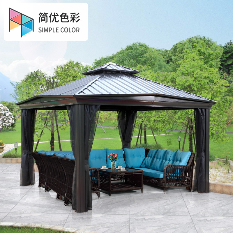 Pavilion outdoor courtyard aluminum alloy iron roof villa leisure sunshade rainproof sunscreen anti-mosquito net pavilion