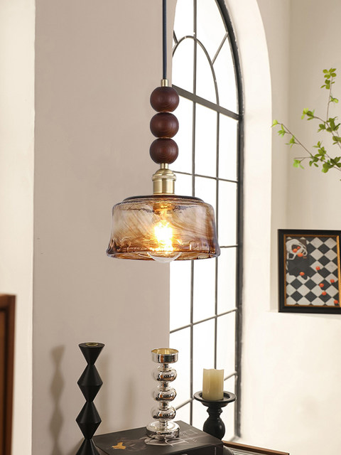 Medieval walnut bedroom bedside small chandelier wabi-sabi aesthetic amber brass glass restaurant bar single head