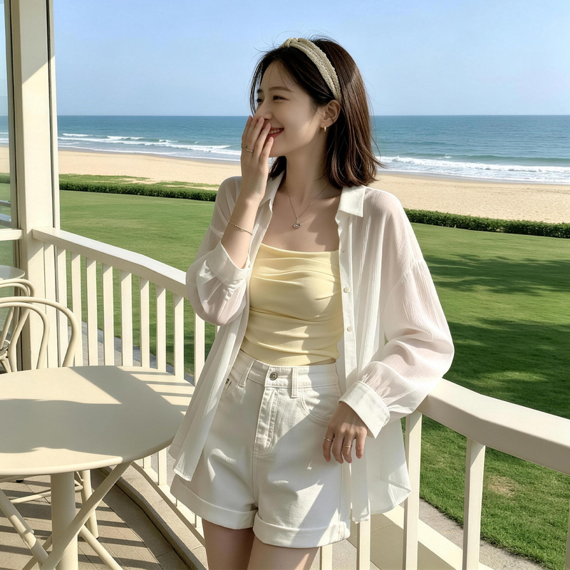 Lazy Style Chiffon Sun Protection Shirt for Women, Loose White Thin Coat with Drapey Feel, Wrinkle-Resistant, Lightweight Cardigan Top