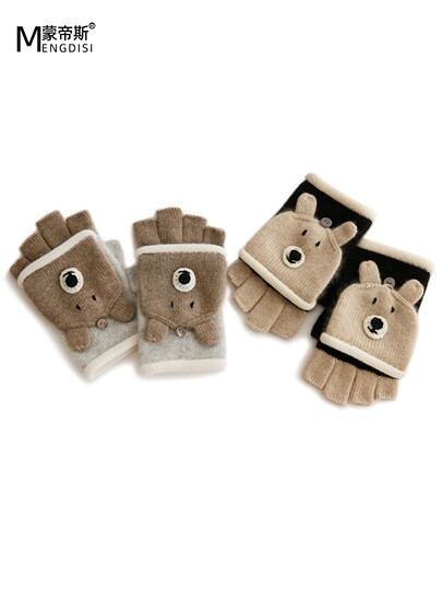 Autumn and Winter 100% Cashmere Gloves for Girls, Cute Fingerless Cycling Gloves, Cold-Proof and Warm Woolen Knitted Half-Finger Gloves