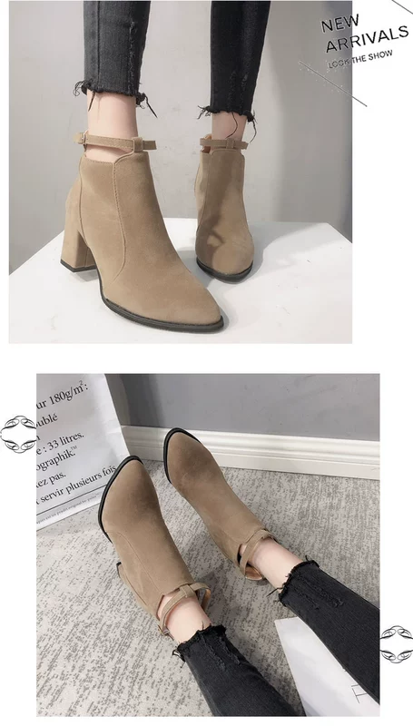 Booties nữ mùa thu đông 2018 mới hoang dã dày dặn với thời trang Martin bốt mũi nhọn cao gót nữ đơn giản sang trọng