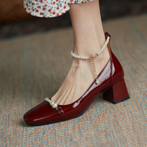 GAIAIER French-style pearls in line ~ 2022 new coarse heel 100 tower show square head genuine leather high heel womens single shoes