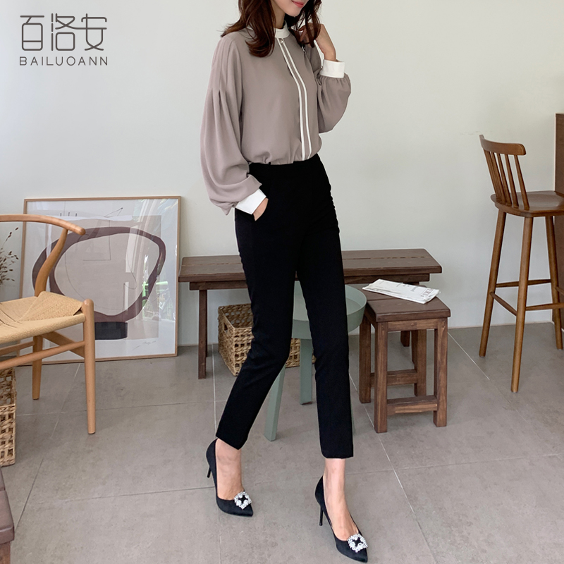 100 Loane Fashion Hit Color Lantern Sleeve Shirt Woman Spring New Loose Sleeve Head 100 Lap Shirt Easy to Lean Blouse
