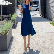 Bailuoan intellectual elegant dress womens summer new Korean version of temperament simple sleeve pleated long fishtail skirt