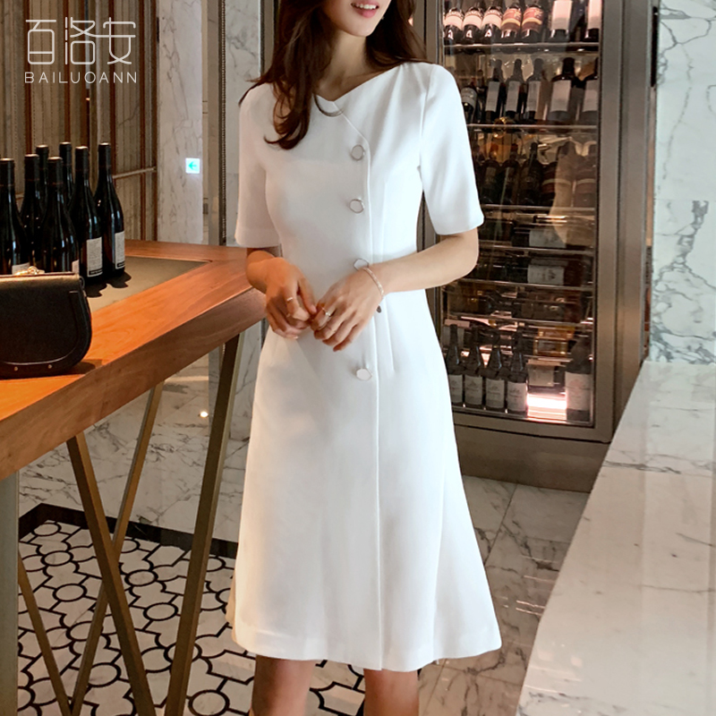 100 loo careless machine collar short sleeve ocean dress Women's summer new OL Career commute cashew for long version A-character dress