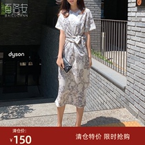 Bai Luoan printed dress womens summer dress new Korean version of round neck floral Medium-length dress waist lace-up short sleeve skirt