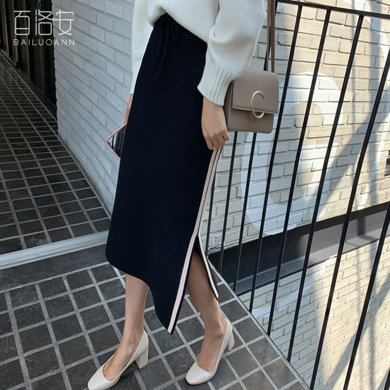 100 Loane 100 Lap Knit Half Body Dress One Step Skirt Autumn Winter New Thickened Warm Medium Long Version Bangs on Hip Skirt