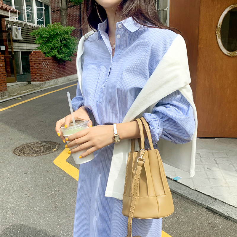 100 Logan over knee long version striped shirt skirt woman spring new Korean version cashew waist display slim fit A-word dress