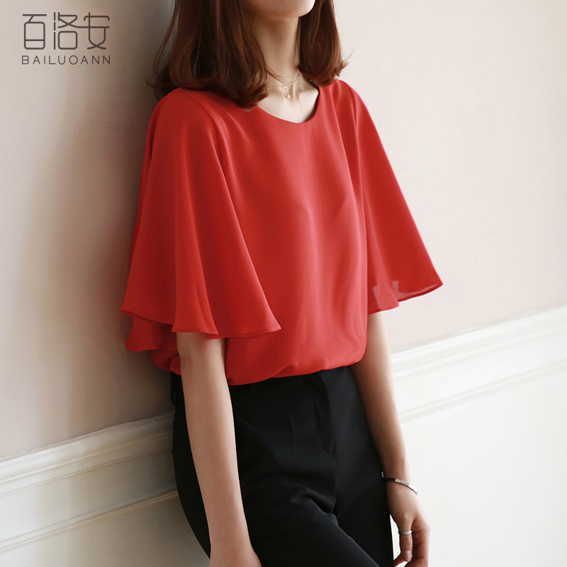 100 Logan pure color round collar shirt woman summer new elegant lotus leaf sleeve shirt loose with slim fit jacket woman