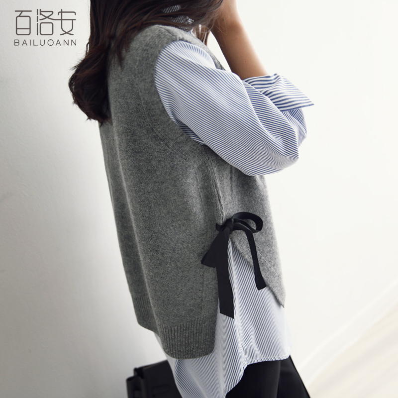 Bailuoan sleeveless pullover short knitted sweater women's autumn and winter new round neck all-match split sweater vest vest women