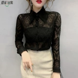 Кружевная шелковая приятная телу осенняя тонкая черная рубашка, коллекция 2023, в западном стиле