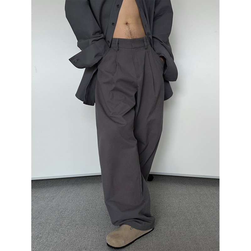 Babesochill Charcoal Gray Pleated Casual Pants with a Relaxed Fit and Wide Legs