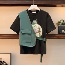 Large size womens clothing 2021 summer new micro fat MM personality niche printing stitching fake two short sleeve top tide