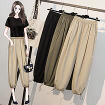 2021 summer new large size fat sister drawstring overalls women loose high waist casual tie pants thin