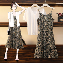 Foreign trade brand cutting label clearance handling fat MM large size covering meat floral halter skirt short sleeve cardigan two-piece female summer