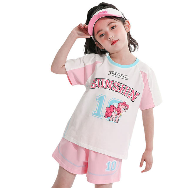 My Little Pony Girl Summer Outfit 2024 Summer ເດັກຍິງຂະຫນາດກາງແລະຂະຫນາດໃຫຍ່ບາງໆເສື້ອຍືດແຂນສັ້ນ + ສັ້ນຊຸດສອງຊິ້ນ