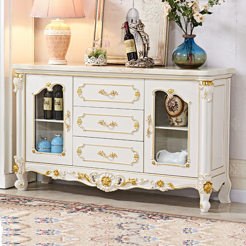 European-style solid wood dining cabinet white marble kitchen wall tea cabinet hand-carved glass door storage cabinet