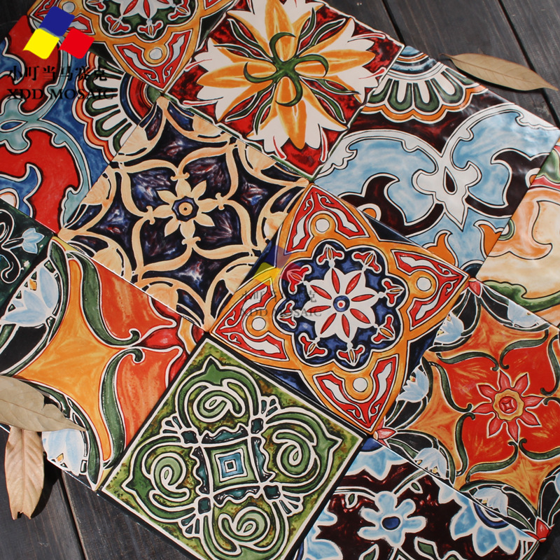 Hand-painted small flower tiles Spanish vintage antique art handmade flower pieces living room background wall tile floor tiles 150 waist line