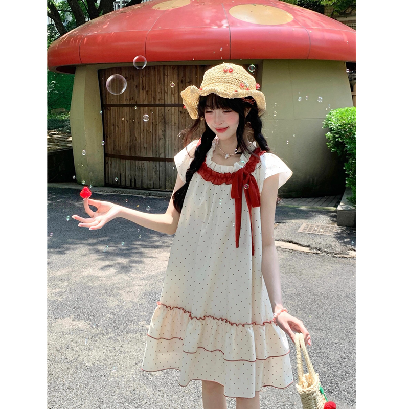French-Style Sweet Little Flutter-Sleeve Polka Dot Dress for Women, Summer Loose Fit, Slimming, Petite, Bowknot Cake Short Dress