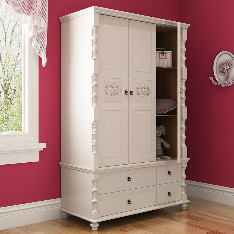 American Walnuts Wood Full Solid Wood Door Wardrobe Children's Furniture Girl White Two Doors Closet Moving Door
