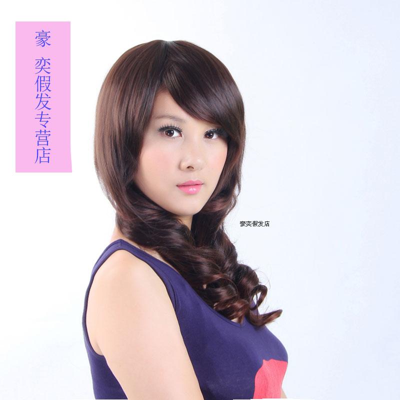 Haoyi long curly wig oblique bangs real scalp top core female matte imported high temperature silk wig