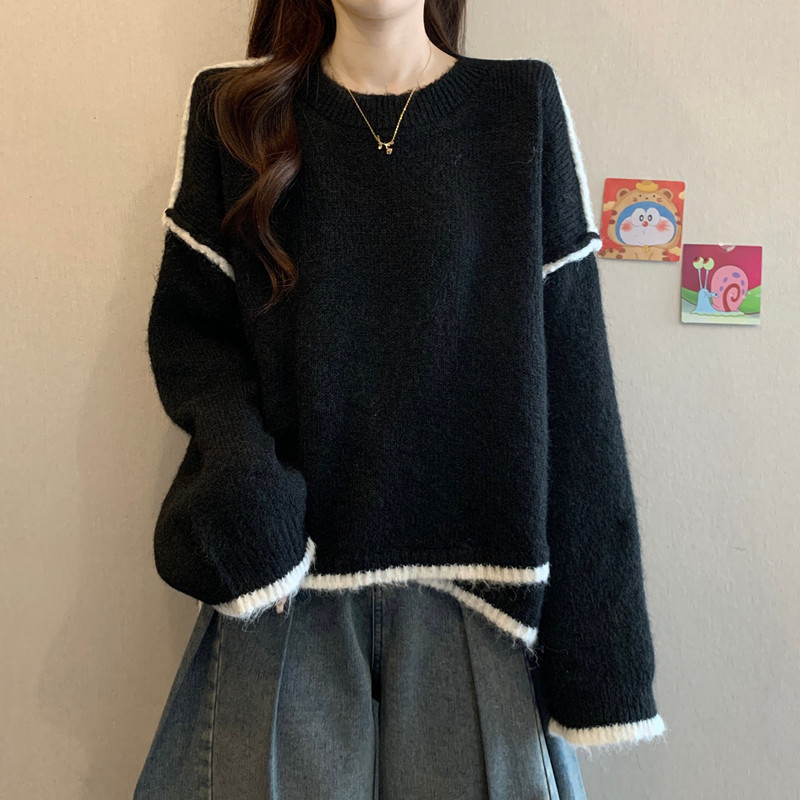 Design-Inspired Retro Loose and Casual Style Color-Block Long-Sleeve Sweater for Women, Plus Size, Autumn and Winter, Fat-Friendly Knit Top