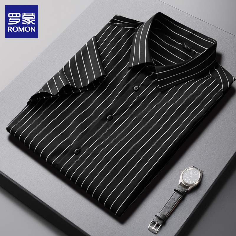 Romon Ice Silk Striped Shirt Man Short Sleeve Summer Slim Fit Professional Men Business Casual Positive Dress Half Sleeve Shirt