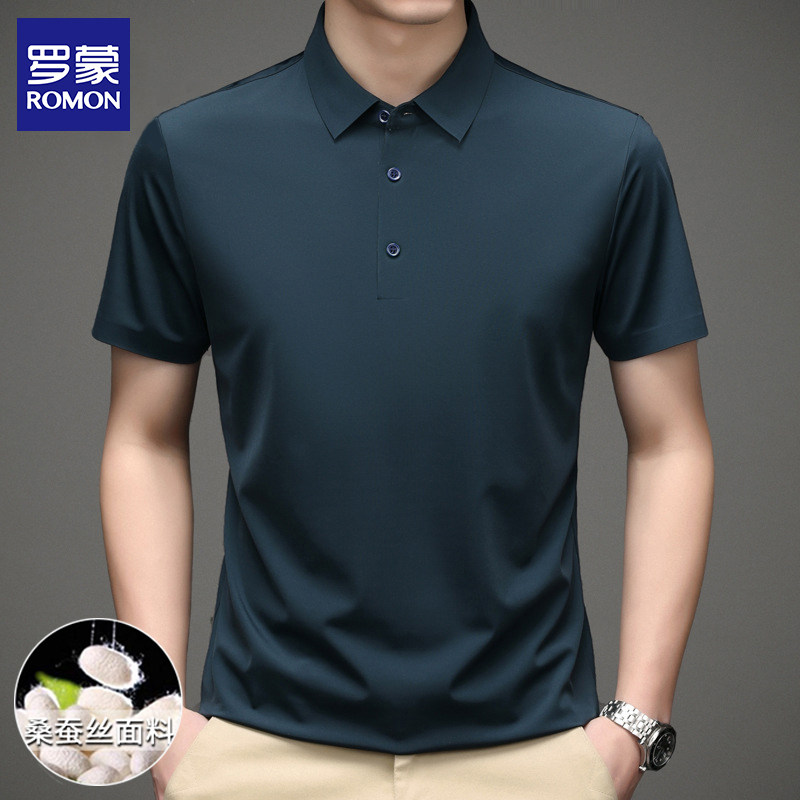 Roemon Old Age mulberry silk T-shirt Male short sleeve Summer thin Genuine Silk Business Flipped Men Polo Shirt Dad