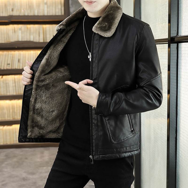 Jeep Men's Winter Leather Jacket with Fur Collar, Fleece-Lined and Thickened, Men's Leather and Fur Integrated Lambswool Coat
