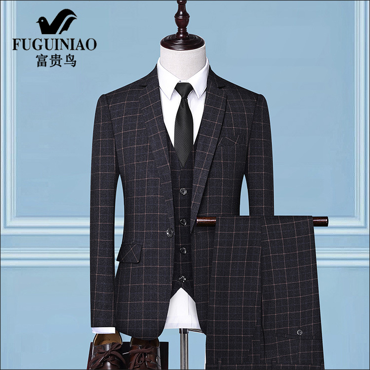 Plaid Suit Suit Men's Groom Wedding Gown for men's professional suits Three sets of business positive dress handsome
