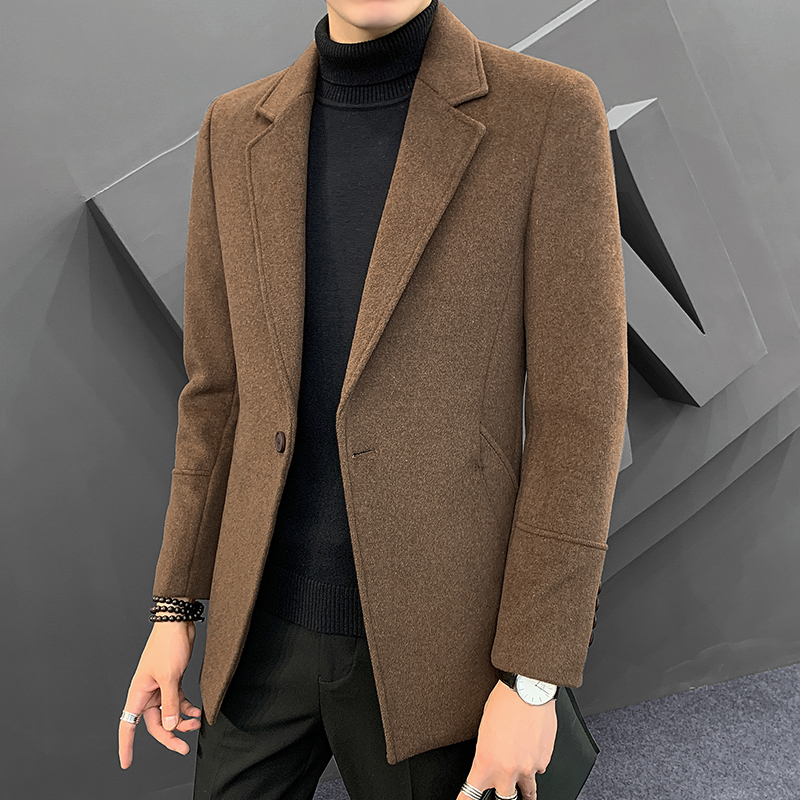 Jeep Men's Coat Autumn and Winter Thickened Mid-Length Korean Style Slim-Fit Trench Coat Casual Men's Woolen Jacket