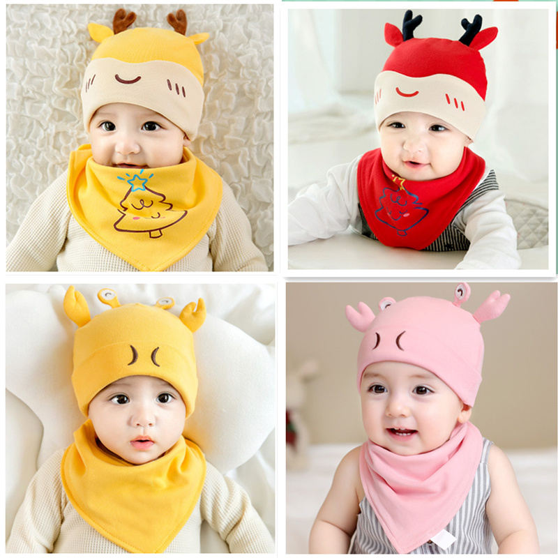 Female treasure hat scarf set baby spring and autumn baby cap 0-6 months cotton newborn fetal hat winter men pull over