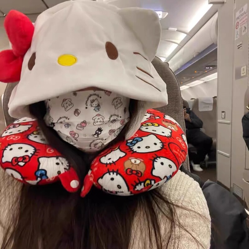 Memory Foam Summer Cute Kitty Ice Silk Hooded U-Shaped Pillow Car Neck Pillow Sleeping Artifact Airplane Travel Pillow