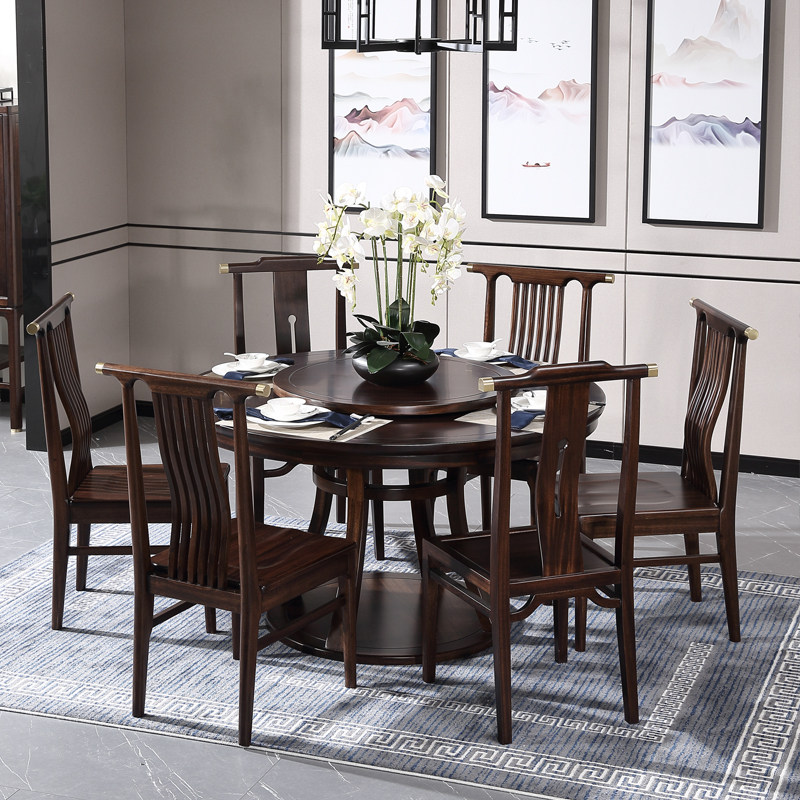 New Chinese-style large round table small apartment modern minimalist dining table villa furniture ebony all solid wood dining table and chair combination