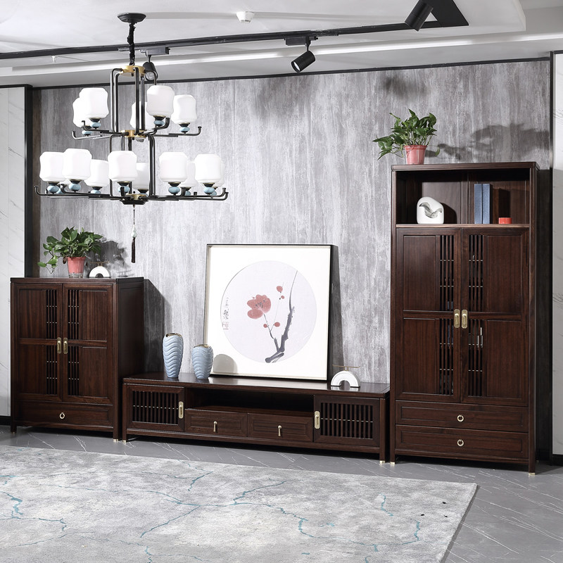 New Chinese solid wood TV cabinet combination modern minimalist villa club hall floor cabinet ebony furniture glass wine cabinet