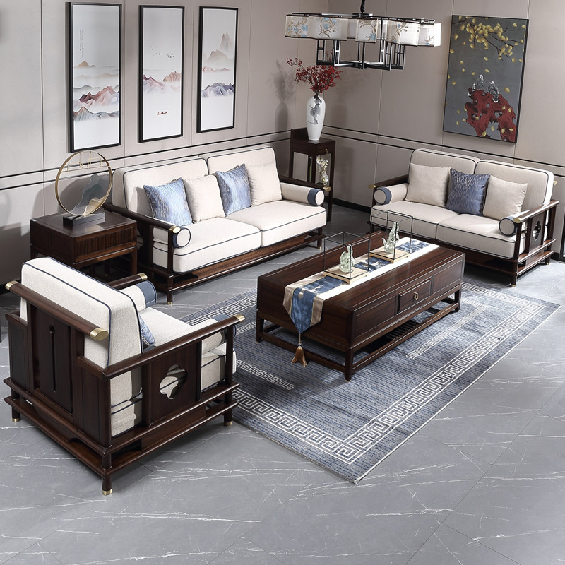 New Chinese-style villa Zen living room sofa small apartment simple furniture removable and washable ebony all solid wood sofa set