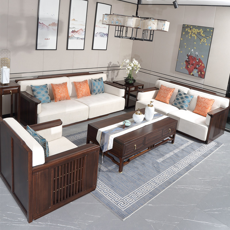 New Chinese style all solid wood ebony wood mortise tenon simple high-end furniture u-shaped fabric log ebony sofa combination