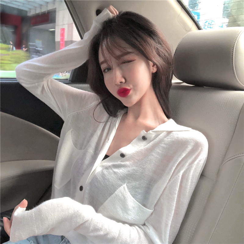 早秋新款轻薄微透视单排扣长袖防晒针织衫女韩版宽松舒适开衫外搭