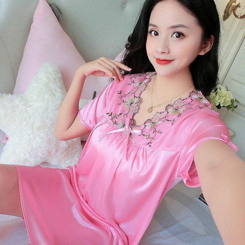 Pajamas girl short sleeve plus large yard sleepdress summer ice wire sexy lace sleeping dress Han edition home suit
