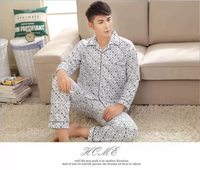 Đồ ngủ nam trung niên cotton dài tay mùa xuân và mùa thu cha trung niên nam XL phục vụ nhà mùa thu và mùa đông bộ nỉ nữ mùa đông