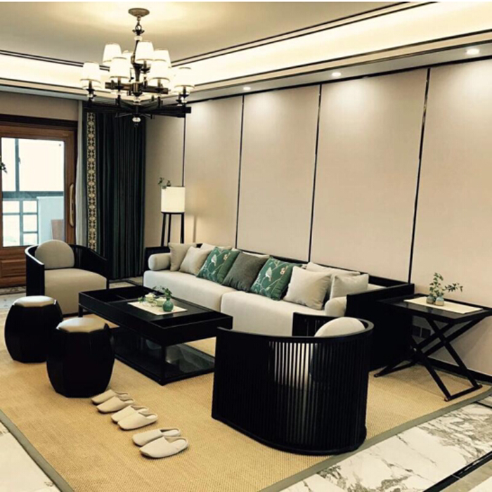 New Chinese sofa Arhat bed combination Zen living room all solid wood fabric model room furniture modern light luxury spot