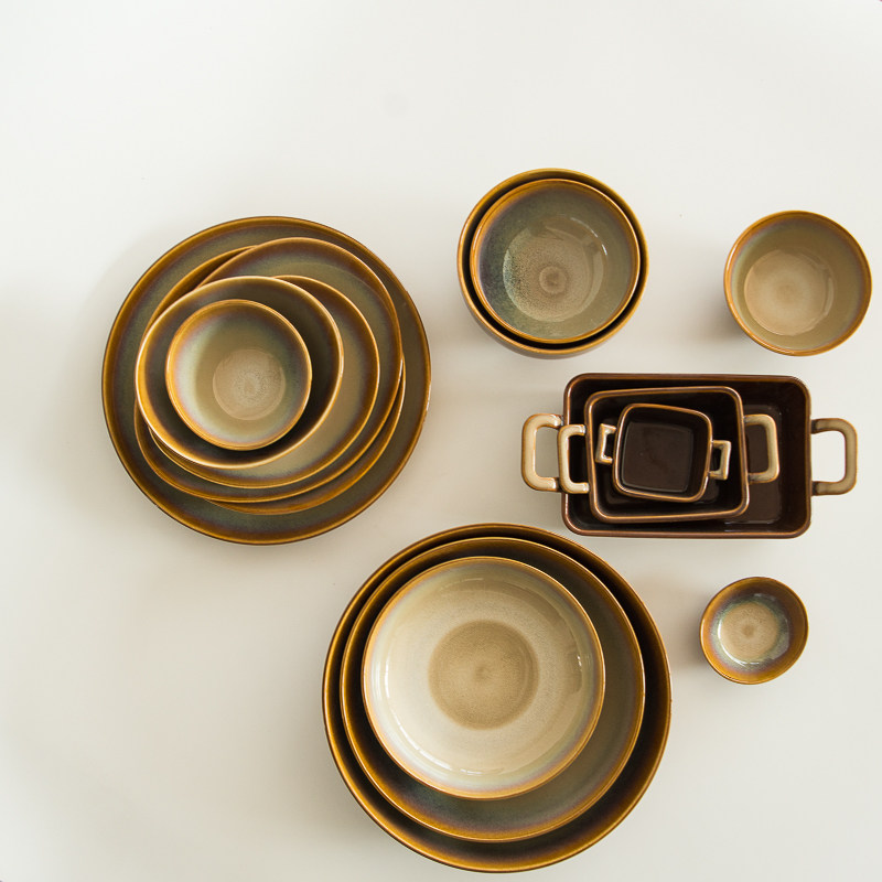 (Second grade) LZ Bangkok brown series household commercial high temperature kiln ceramic rice bowl soup bowl flat plate deep plate dish