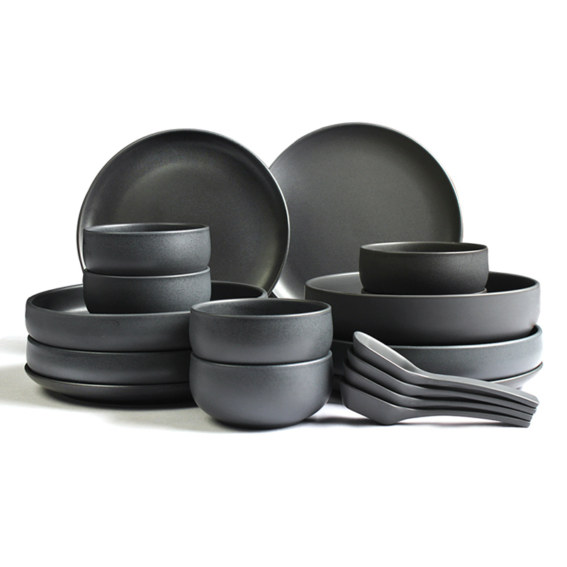 Scandinavian Tableware Plate Black Dishes and Cutlery Set ins Japanese Simple Bowl and Chopsticks Set 2/4/6-Person Household Tableware