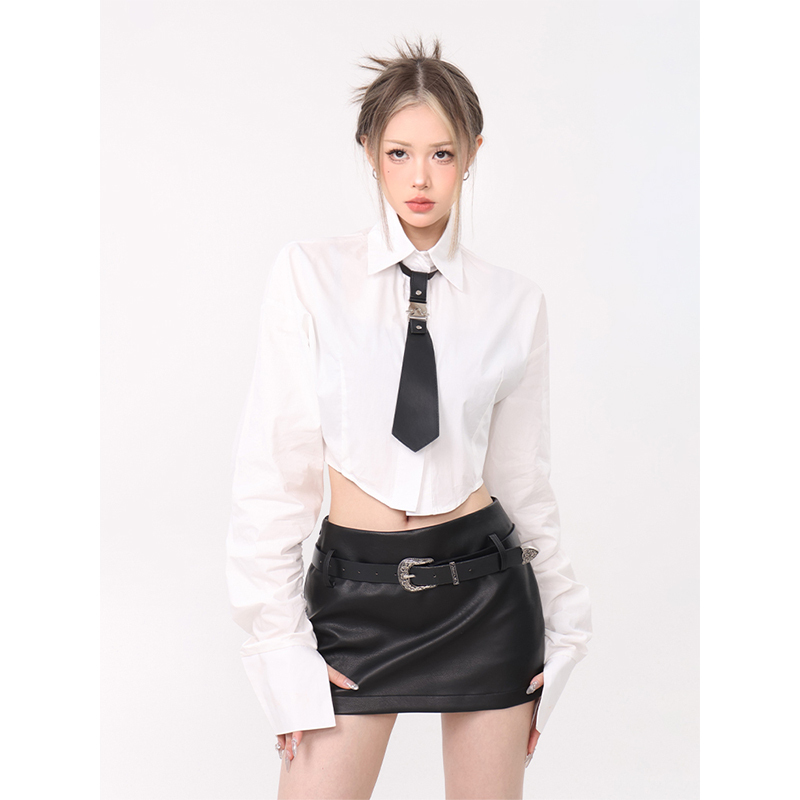 61Ot Pearth Preppy Style Tie Waist Slimming Short Long-Sleeved White Shirt Women's Top Spring and Autumn Shirt 61Ot Pearth Preppy Style Tie Waist Slimming Short Long-Sleeved White Shirt Women's Top Spring and Autumn Shirt